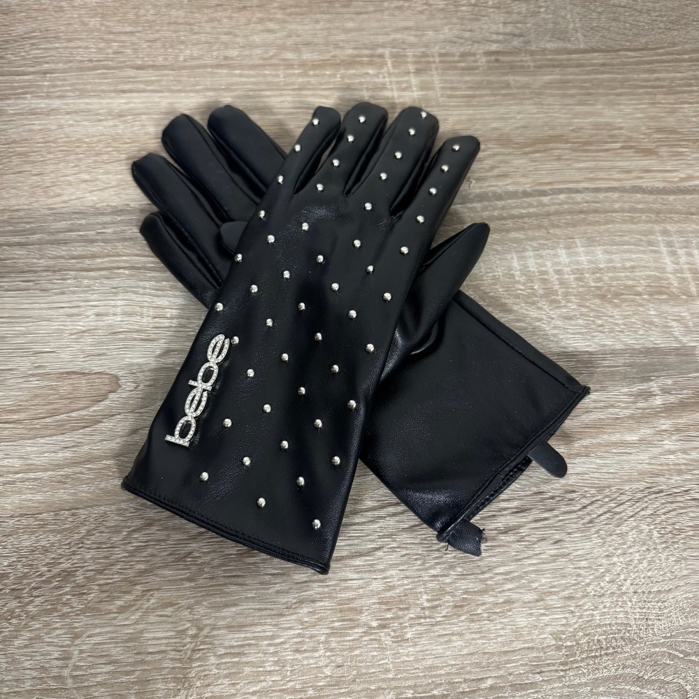 Bebe Black Faux Leather Studded Gloves Rhinestone Logo Faux Fur Lined BBGF73